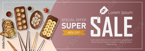 Template Sale banner design for shop, restaurant, cafe, promotion, advertising. Vector illustration of Chinese food and copy-space isolated on red. Flyer, poster, coupon, cover, brochure concept.