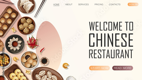 Template website design for restaurant, cafe, shop. Vector illustration of Chinese food and copy-space isolated on white. Web, banner, poster, flyer, cover, brochure, promotion concept.