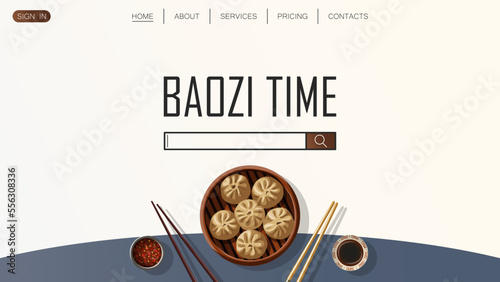 Template website design for restaurant, cafe, shop. Vector illustration of Chinese food and copy-space isolated on white. Web, banner, poster, flyer, cover, brochure, promotion concept.