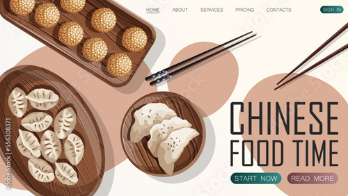 Template website design for restaurant, cafe, shop. Vector illustration of Chinese food and copy-space isolated on white. Web, banner, poster, flyer, cover, brochure, promotion concept.