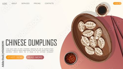 Template website design for restaurant, cafe, shop. Vector illustration of Chinese food and copy-space isolated on white. Web, banner, poster, flyer, cover, brochure, promotion concept.