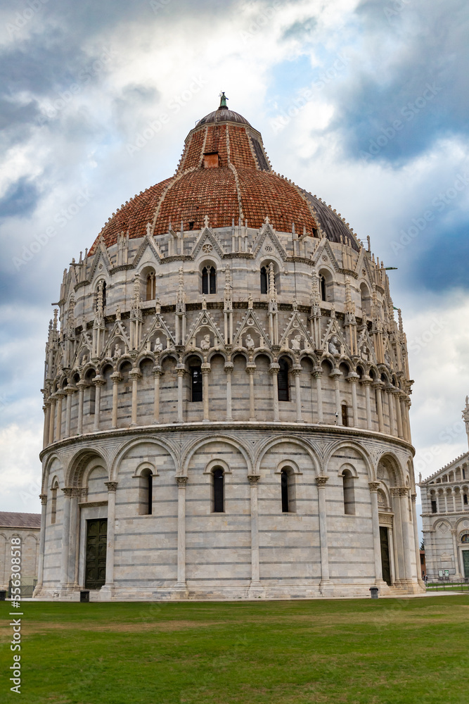 Pisa, Italy - October 24, 2022, The Campo Santo in Pisa with the Cathedral and the Leaning Tower