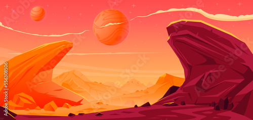 Hand drawn vector landscape of a fantastic red planet.