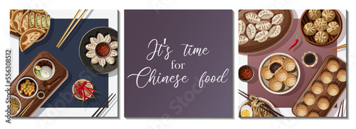 Set of square cards for restaurant, cafe, shop. Vector illustration of Chinese food isolated on white. Greeting card, pattern concept.