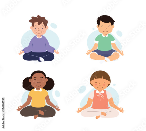 kids meditation. boys and girl sitting in lotus pose
