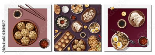 Set of square cards for restaurant, cafe, shop. Vector illustration of Chinese food isolated on white. Greeting card, pattern concept.