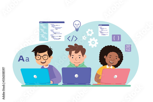 kids with laptop learn coding, programing vector illustration