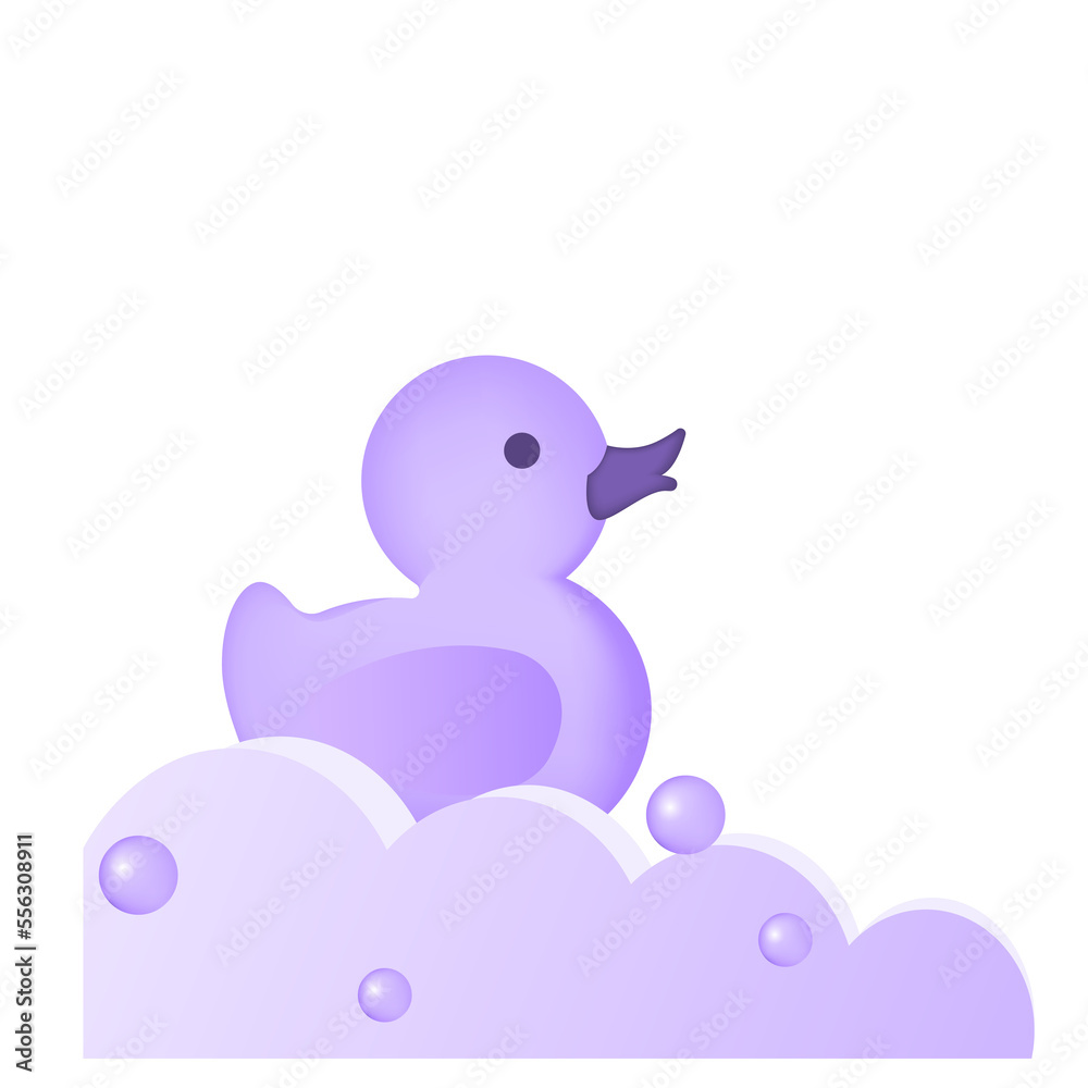 Lilac duck with cloud and soap bubbles for show kid products. Elements on white background. Vector Lilac duck with cloud and soap bubbles for show kid products. Elements on white background. Vector