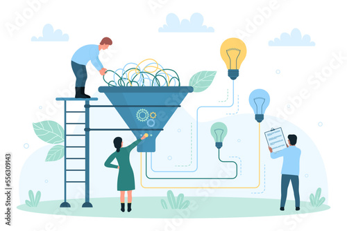 Problem solution, idea management vector illustration. Cartoon tiny people solve difficulty task, process of work with funnel to unravel hard messy tangle into multiple simple wires with light bulbs