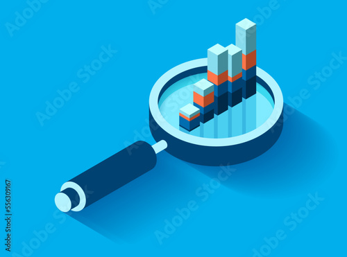 Magnifying glass icon in flat style. Search loupe and diagrams on color background. Zoom progress chart. Business analytic illustration. Vector design object for you project 