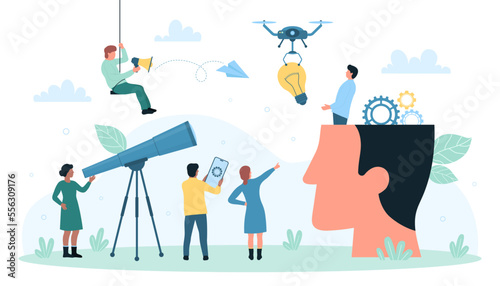Brainstorm solution with innovation smart technology vector illustration. Cartoon tiny people work with telescope looking for genius ideas in brain of abstract human head, drone carrying light bulb