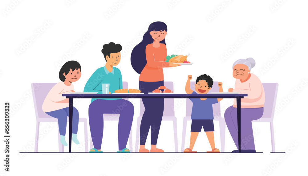 happy family at dining table having dinner