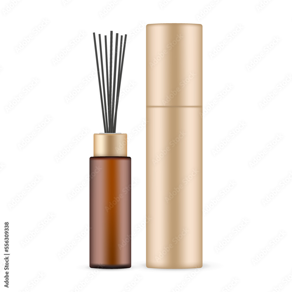 Amber Bottle With Black Aroma Sticks, Cardboard Tube, Reed Diffuser, Isolated on White Background. Vector Illustration Amber Bottle With Black Aroma Sticks, Cardboard Tube, Reed Diffuser, Isolated on White Background. Vector Illustration