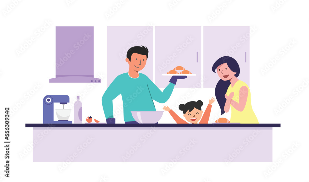 happy family cooking together at kitchen happy family cooking together at kitchen