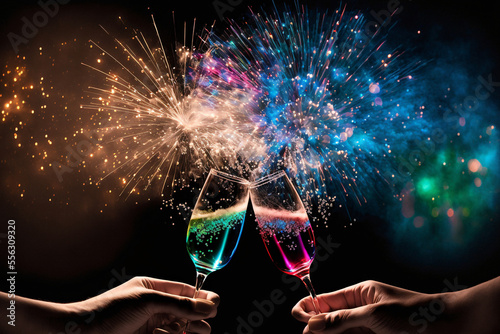Cheers and fireworks. Computer-generated 3D image.
