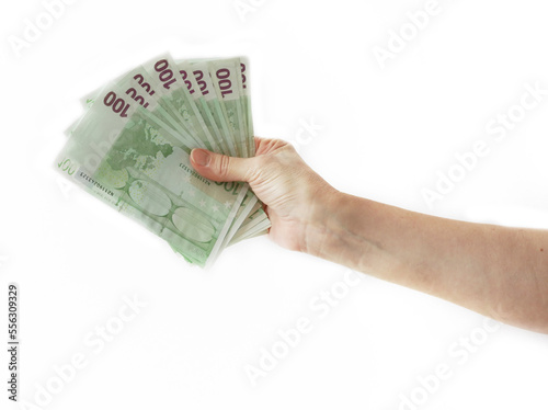 hand holding of big stack of euro money isolated on white background. money cash