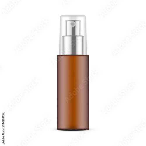 Amber Cosmetic Bottle Mockup, With Metal Sprayer and Transparent Cap, Isolated on white background. Vector Illustration