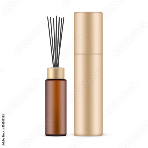 Amber Bottle With Black Aroma Sticks, Cardboard Tube, Reed Diffuser, Isolated on White Background. Vector Illustration