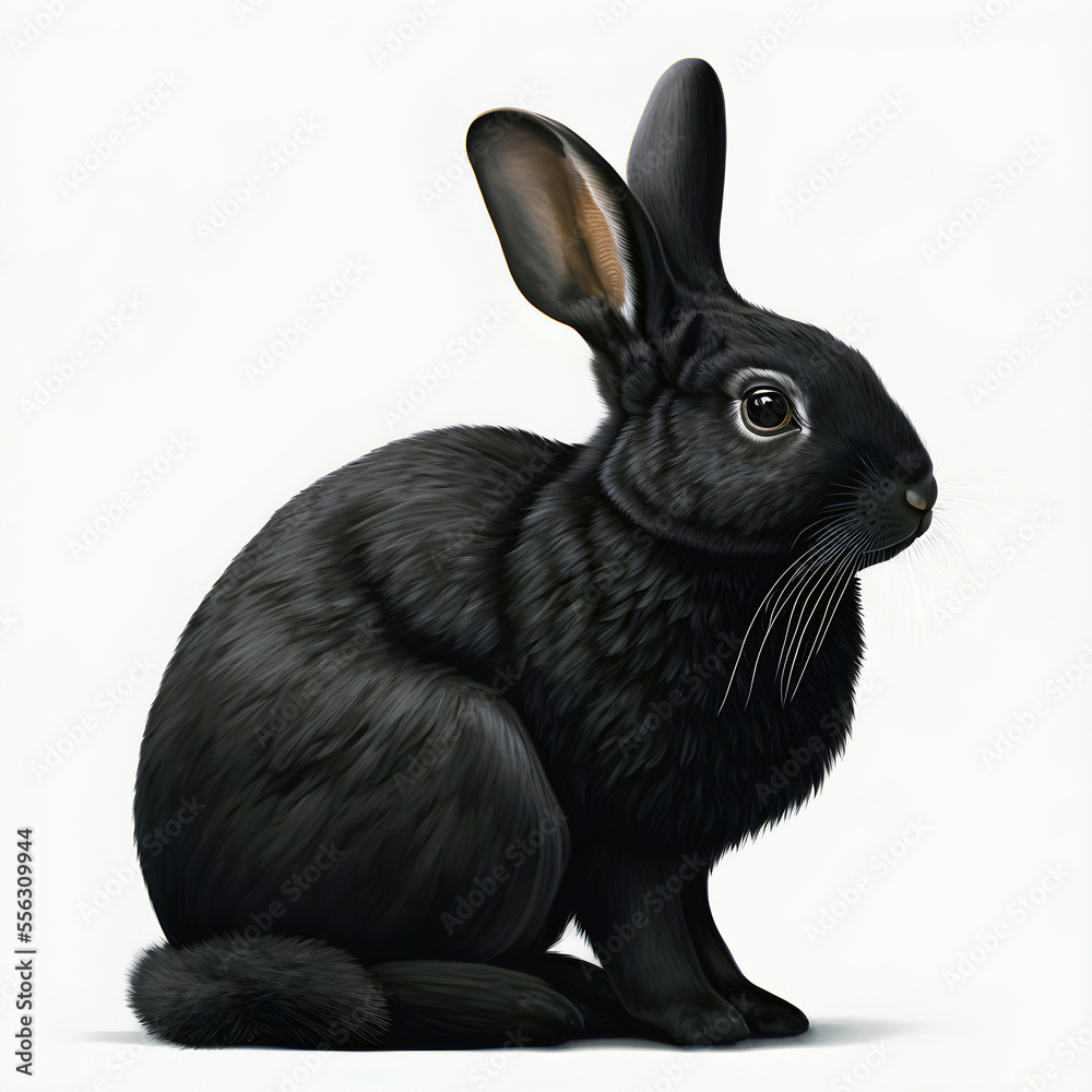 Black Rabbit Realistic Lifelike Illustration. Chinese New Year Oriental