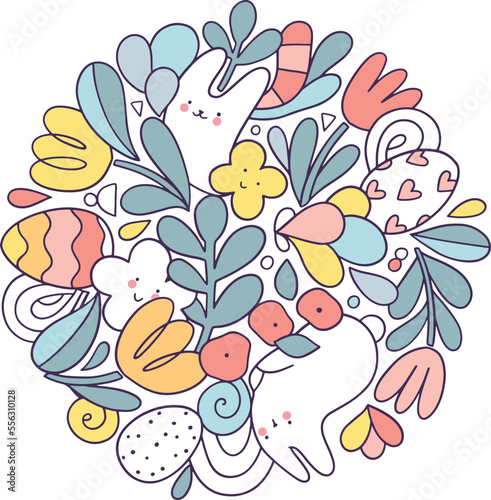 Happy Easter hand drawn circle illustration with bunny and eggs. Doodle art for Spring holiday.