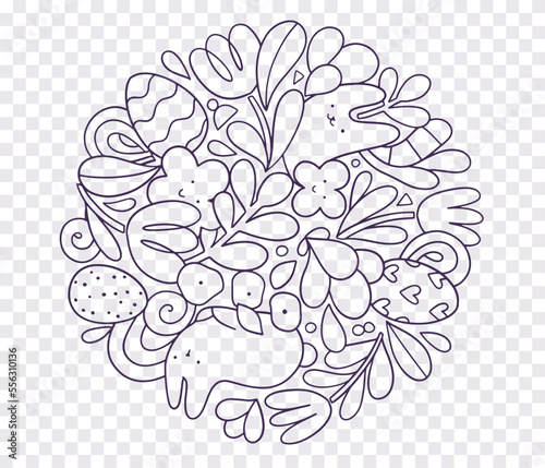 Happy Easter hand drawn illustration with bunny and eggs. Doodle art for Spring holiday.