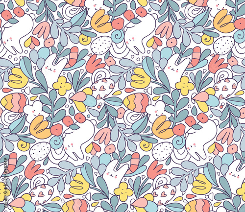 Happy Easter hand drawn seamless pattern illustration with bunny and eggs. Doodle art for Spring holiday.