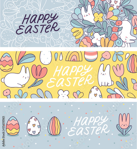 Happy Easter hand drawn illustration with bunny and eggs. Doodle art for Spring holiday.