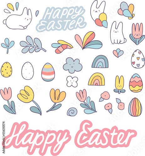 Happy Easter hand drawn illustration with bunny and eggs. Doodle art for Spring holiday.