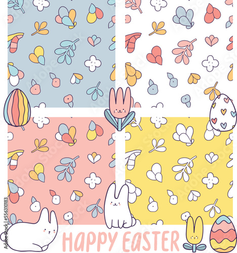 Happy Easter hand drawn seamless pattern illustration with bunny and eggs. Doodle art for Spring holiday.