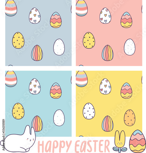 Happy Easter hand drawn seamless pattern illustration with bunny and eggs. Doodle art for Spring holiday.