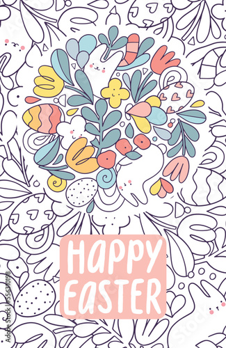 Happy Easter hand drawn illustration with bunny and eggs. Doodle art for Spring holiday.