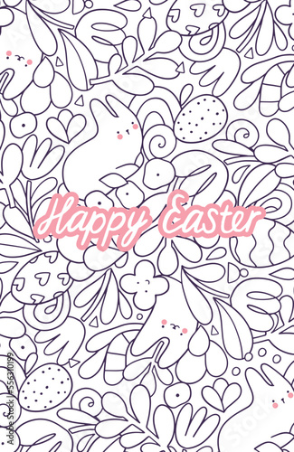 Happy Easter hand drawn illustration with bunny and eggs. Doodle art for Spring holiday.