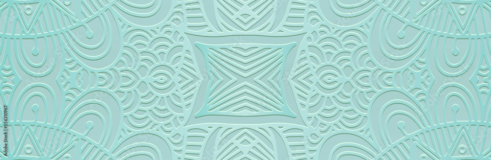 Obraz premium Banner, cover design. Embossed geometric 3d pattern on a turquoise shiny background, paper press, art deco. Tribal ethnic motifs, vintage ornaments, trendy texture in boho style.