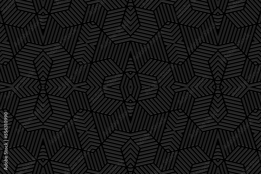 Embossed black background, ethnic cover design. Press paper, boho style. Geometric 3d pattern of contours and lines. Tribal themes of the East, Asia, India, Mexico, Aztecs, Peru, abstract ornaments. Embossed black background, ethnic cover design. Press paper, boho style. Geometric 3d pattern of contours and lines. Tribal themes of the East, Asia, India, Mexico, Aztecs, Peru, abstract ornaments.