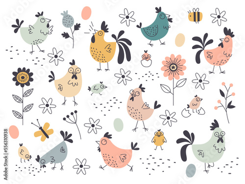 Cartoon funny chicken characters. Decorative domestic birds, laying hens, cockerels and eggs, cute easter holiday elements, hand drawn spring flowers and leaves tidy vector cartoon flat set