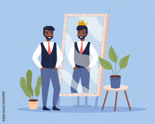 Narcissist man, human behavior in self love, confidence egocentric attitude, importance of lifestyle of beauty. Cartoon flat isolated character standing in front of mirror. Vector concept photo