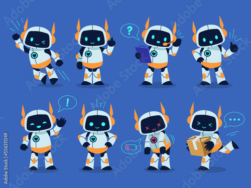 Robot mascot. Cute toy, cartoon cyborg character, different poses and actions, funny emotional android. Artificial Intelligence computer assistant. Chat bot, support service, tidy vector set