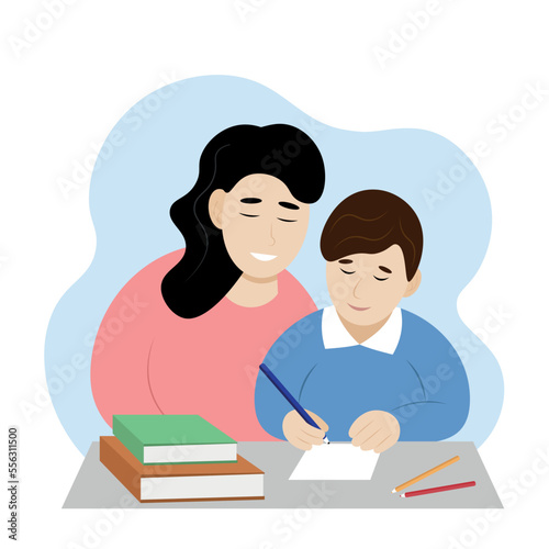 Mom helps son with lessons, portrait of a girl and a boy sitting at the table, flat vector, isolate on white