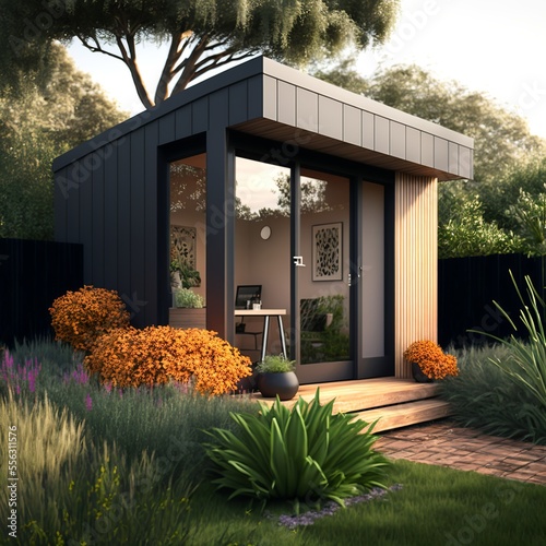 Fototapeta Modern garden shed with metal and wood