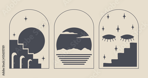Set of minimal boho linear symbols. Celestial concept. Frame with arch, sun, stars and moon elements.