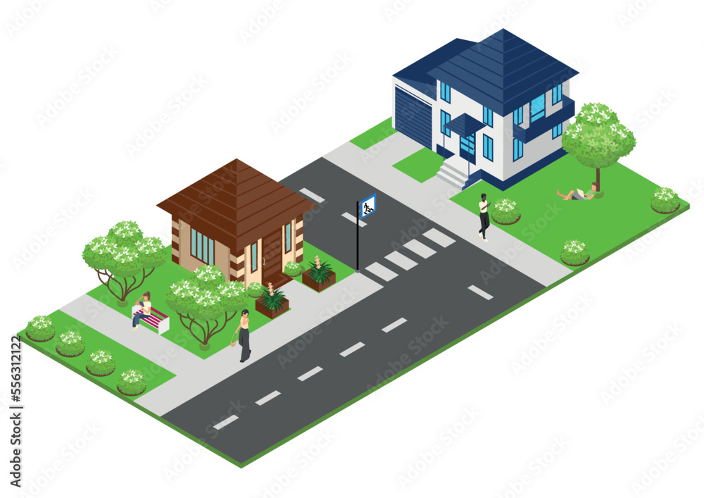 Isometric residential area with people, private houses, trees and crosswalk. On a white background. isolated vector illustration