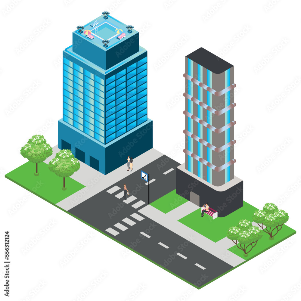 Isometric street with people, high-rise buildings, trees and a pedestrian crossing. On a white background. isolated vector illustration