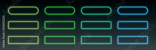 Neon button frames, coloful glowing borders, isolated UI elements. Action button decoration with various corner radius. Vector illustration.