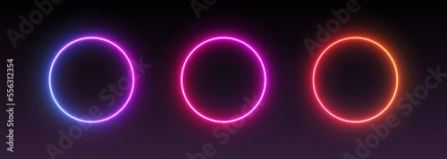 Neon circle frames, gradient glowing round borders, isolated UI elements. Futuristic avatar frames for game interface. Vector illustration.