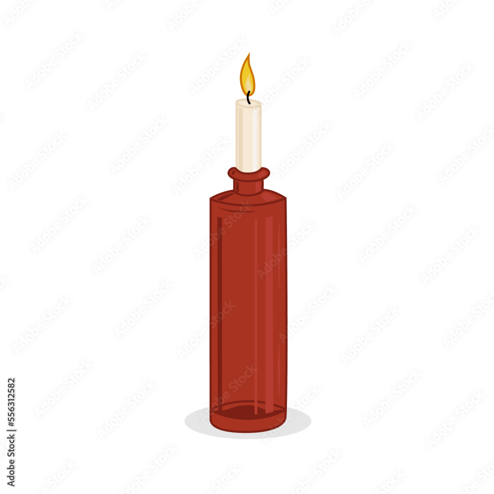 Stock vector flat cartoon hand drawn illustration burning candle in a glass bottle on white background Stock vector flat cartoon hand drawn illustration burning candle in a glass bottle on white background