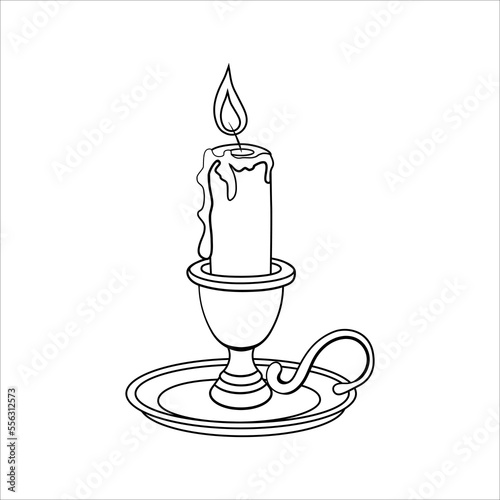 Stock vector burning candle in a candlestick outline black and white illustration