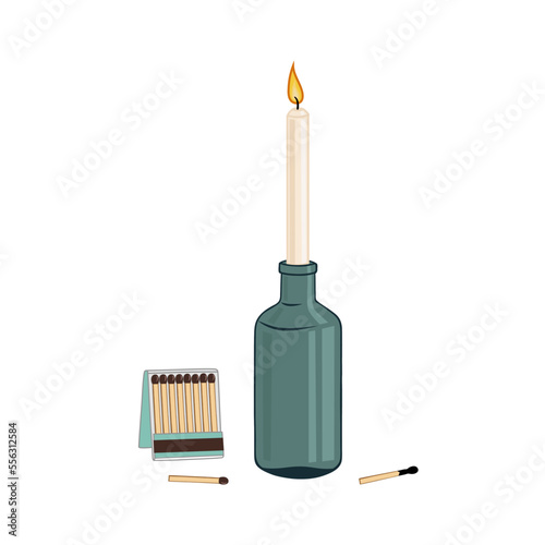 Stock vector flat cartoon hand drawn illustration lit candle in a glass bottle on white background