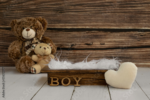 Newborn digital backdrop with two teddy bear, heart, word boy and wooden box. Newborn background. Front view. 