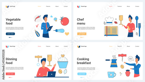 Healthy chef online menu for cooking breakfast, lunch and dinner set vector illustration. Cartoon tiny people people cook vegetables using digital recipe book, gastronomy and gourmet culinary