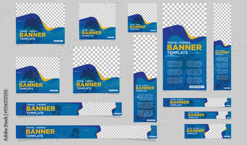travel web banner templates with image placement places trendy and joyful themed with beach and sea concept horizontal square and vertical posts could be used as social media post website header cover